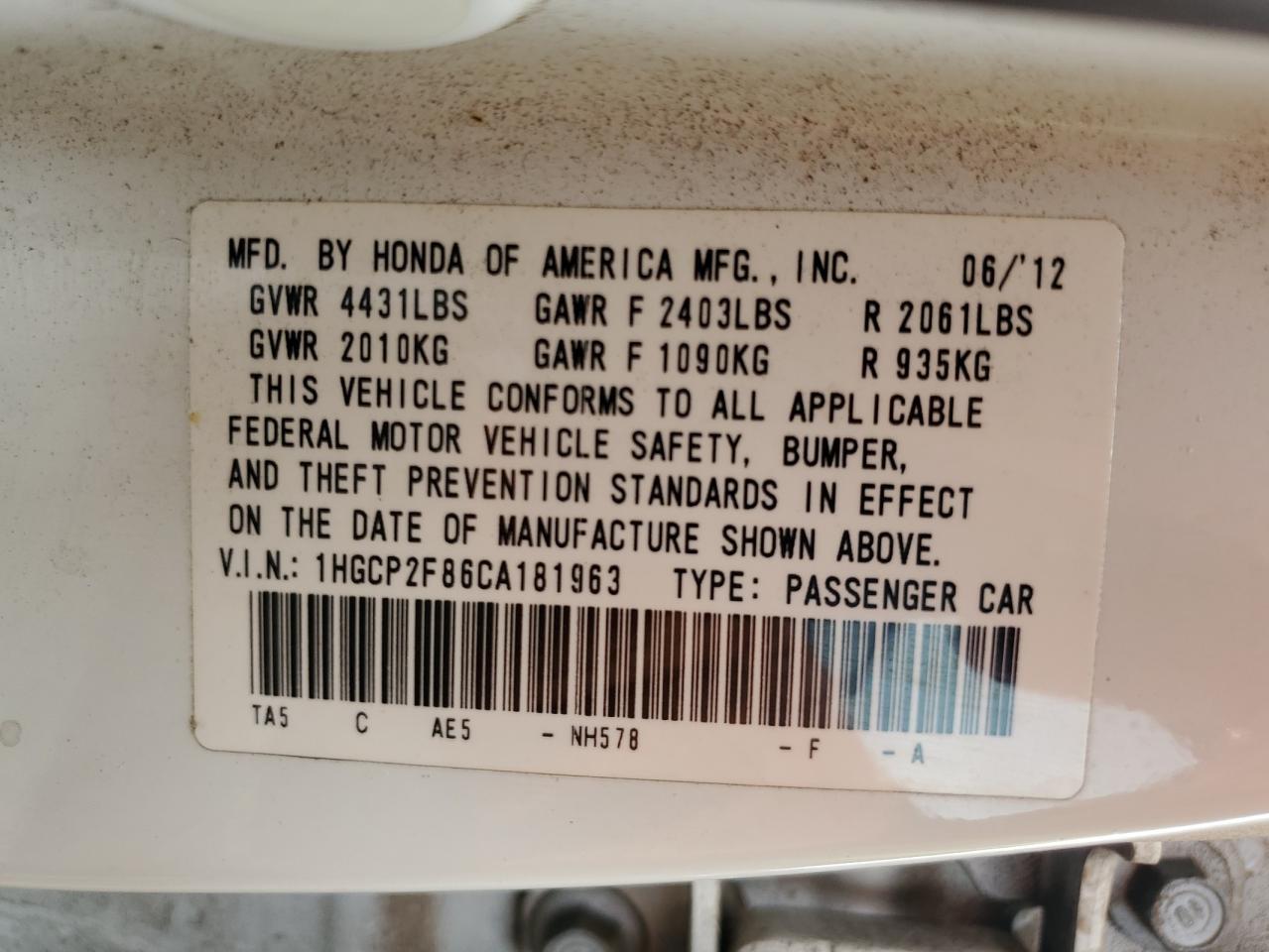 2012 HONDA ACCORD