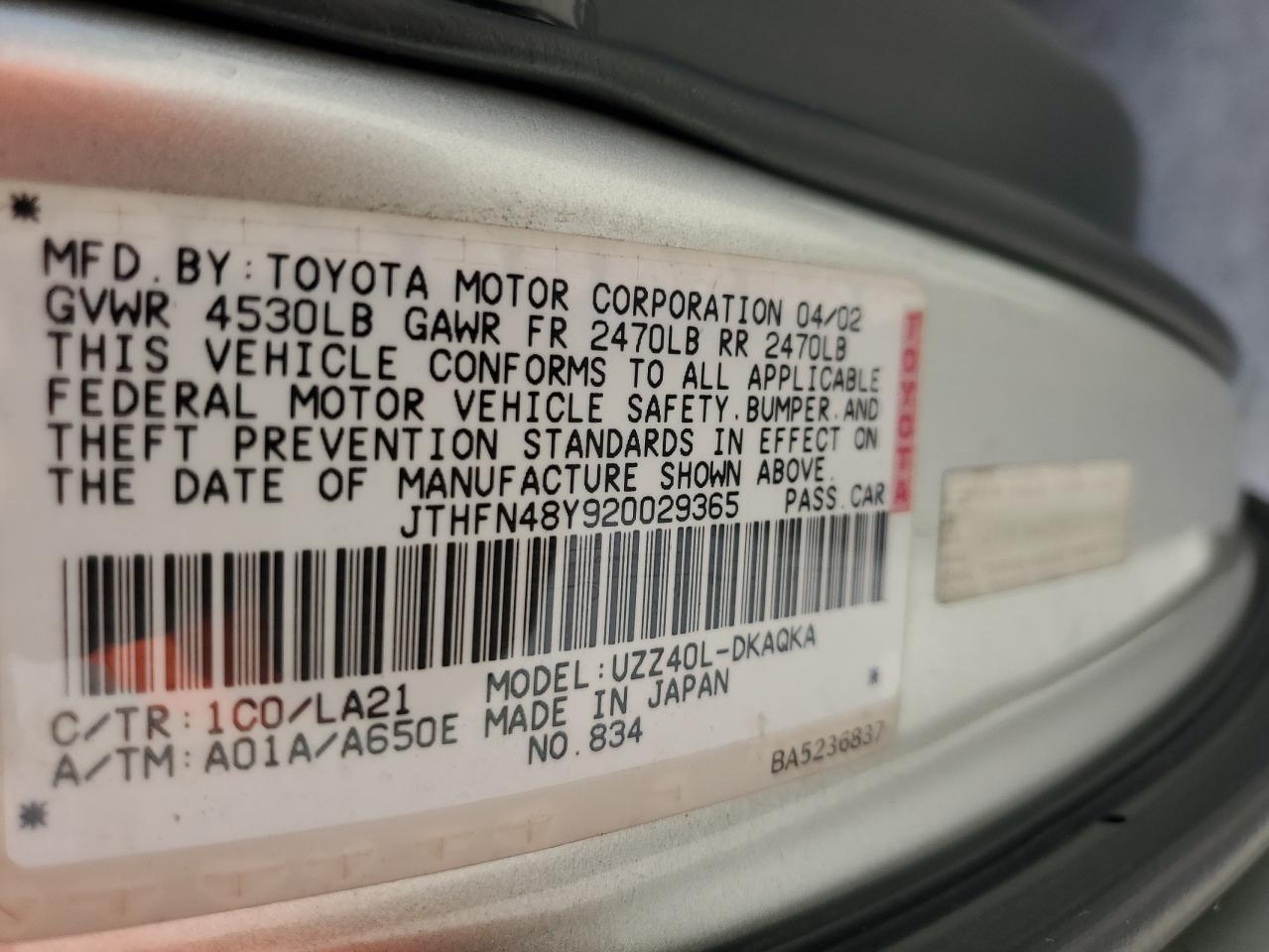 2002 LEXUS SC 430