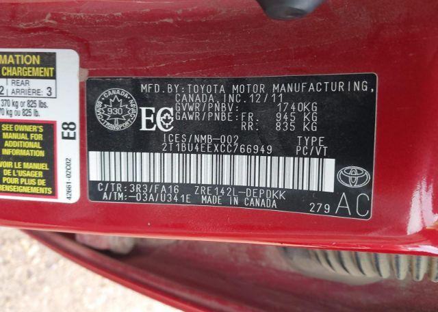 2012 TOYOTA COROLLA S