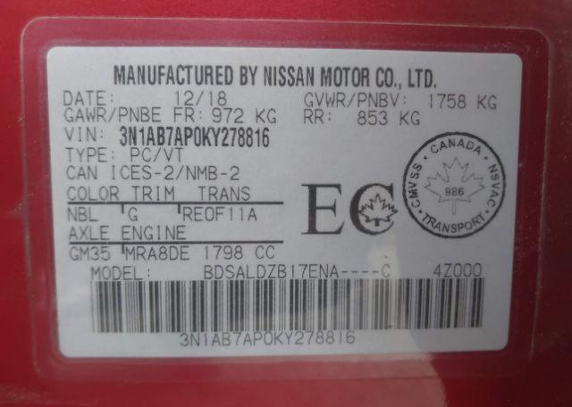 2019 NISSAN SENTRA 1.8 S