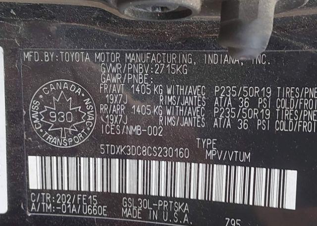 2012 TOYOTA SIENNA SE 8 PASSENGER