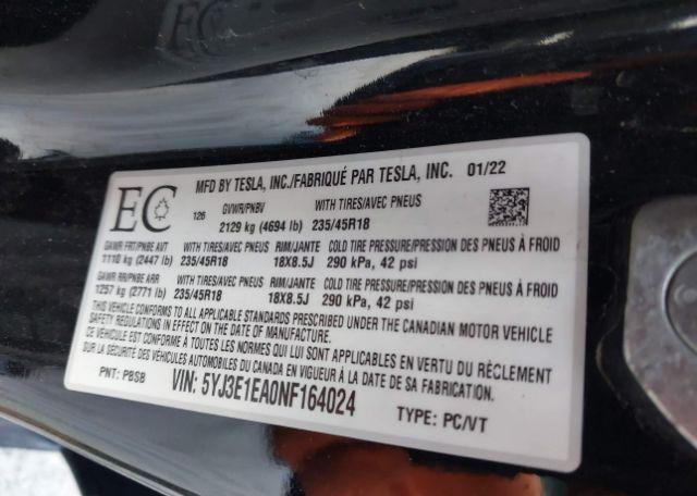 2022 TESLA MODEL 3 RWD