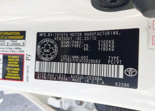 2012 TOYOTA CAMRY HYBRID