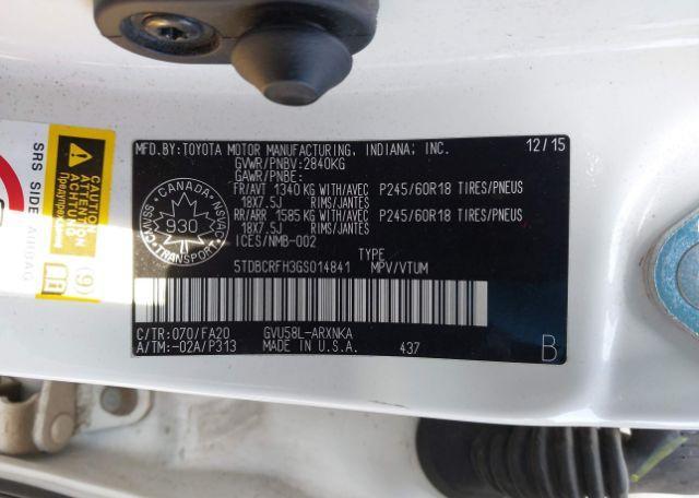 2016 TOYOTA HIGHLANDER HYBRID