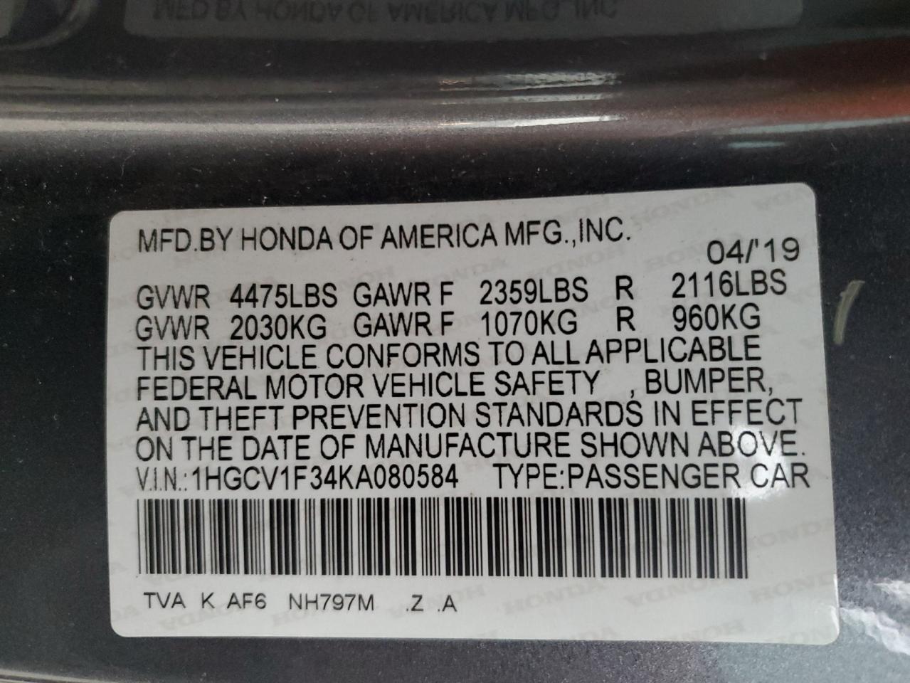 2019 HONDA ACCORD