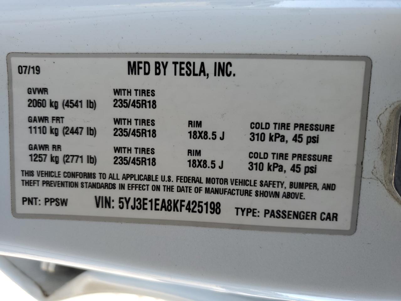 2019 TESLA MODEL 3
