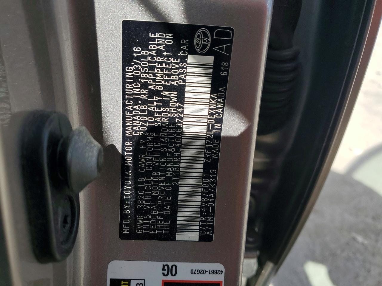 2016 TOYOTA COROLLA