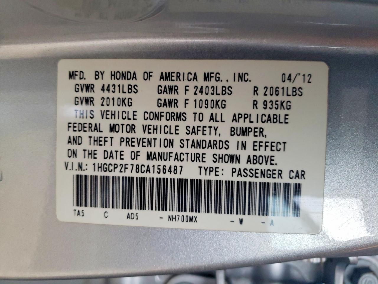 2012 HONDA ACCORD