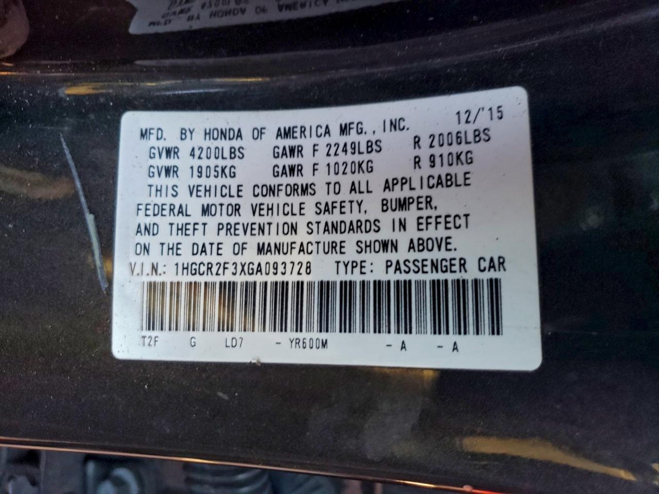 2016 HONDA ACCORD