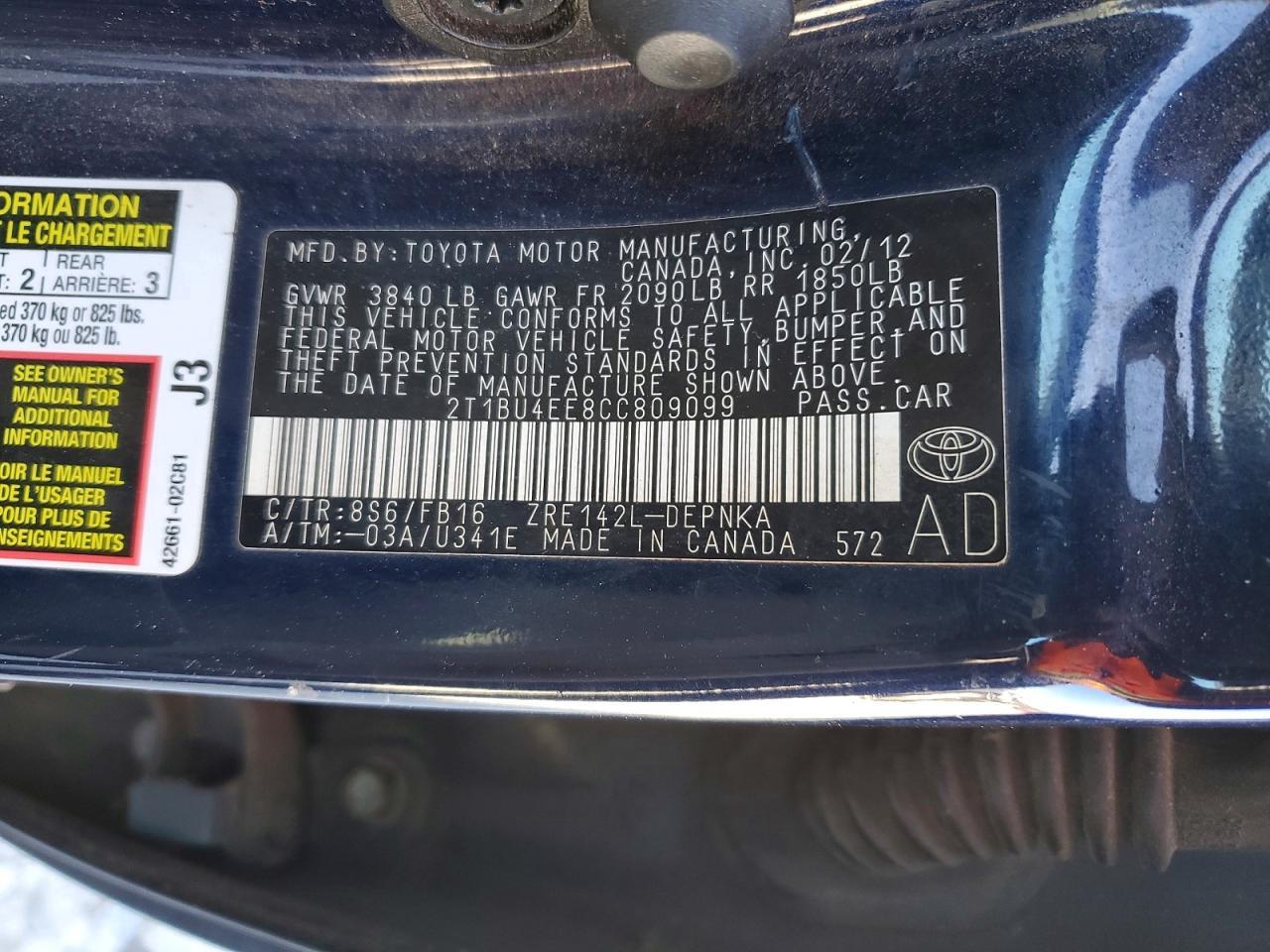 2012 TOYOTA COROLLA