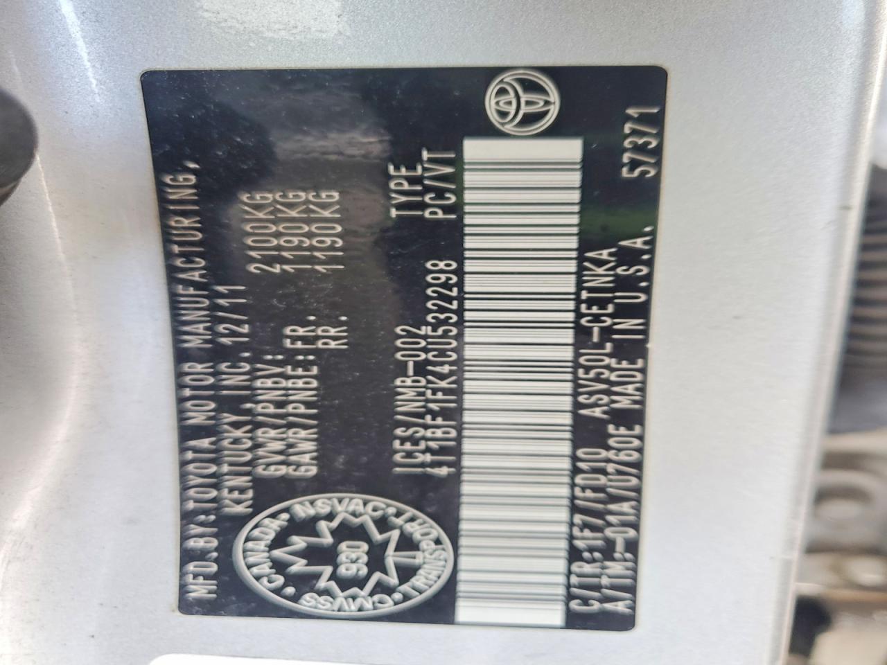 2012 TOYOTA CAMRY