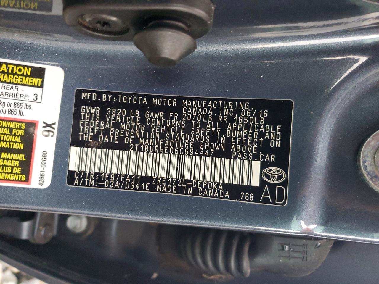 2016 TOYOTA COROLLA