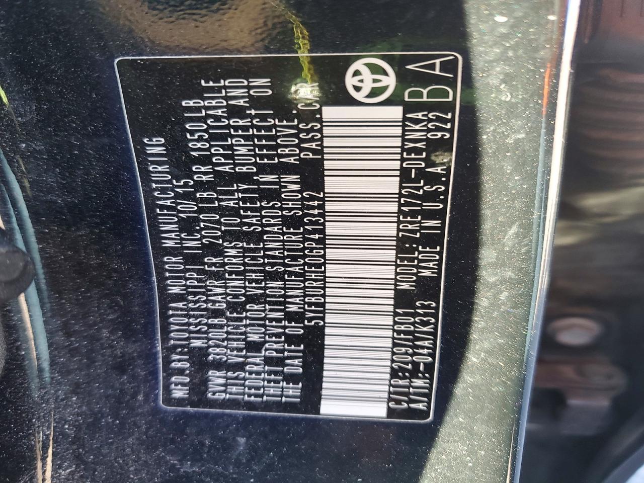 2016 TOYOTA COROLLA