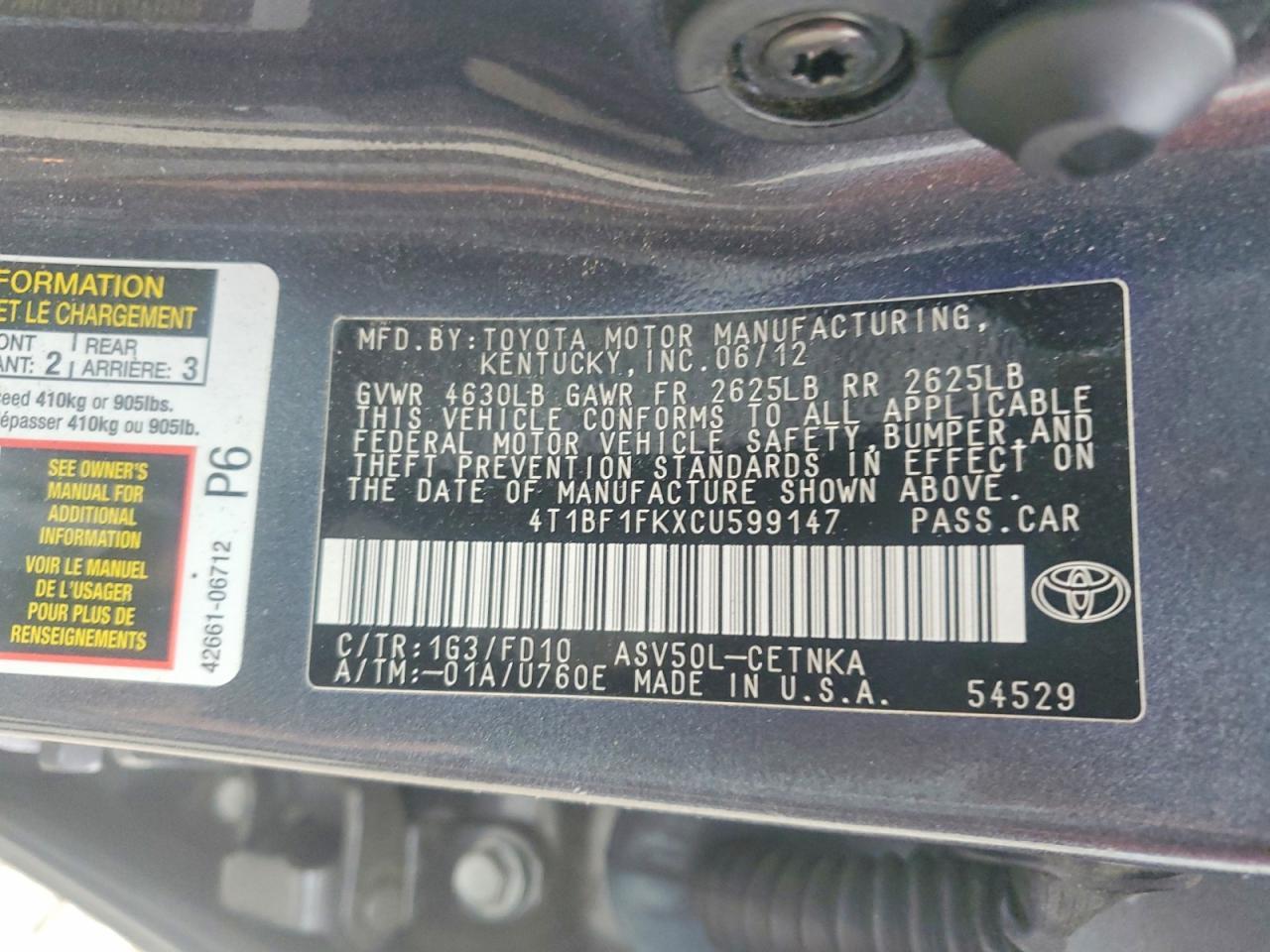 2012 TOYOTA CAMRY