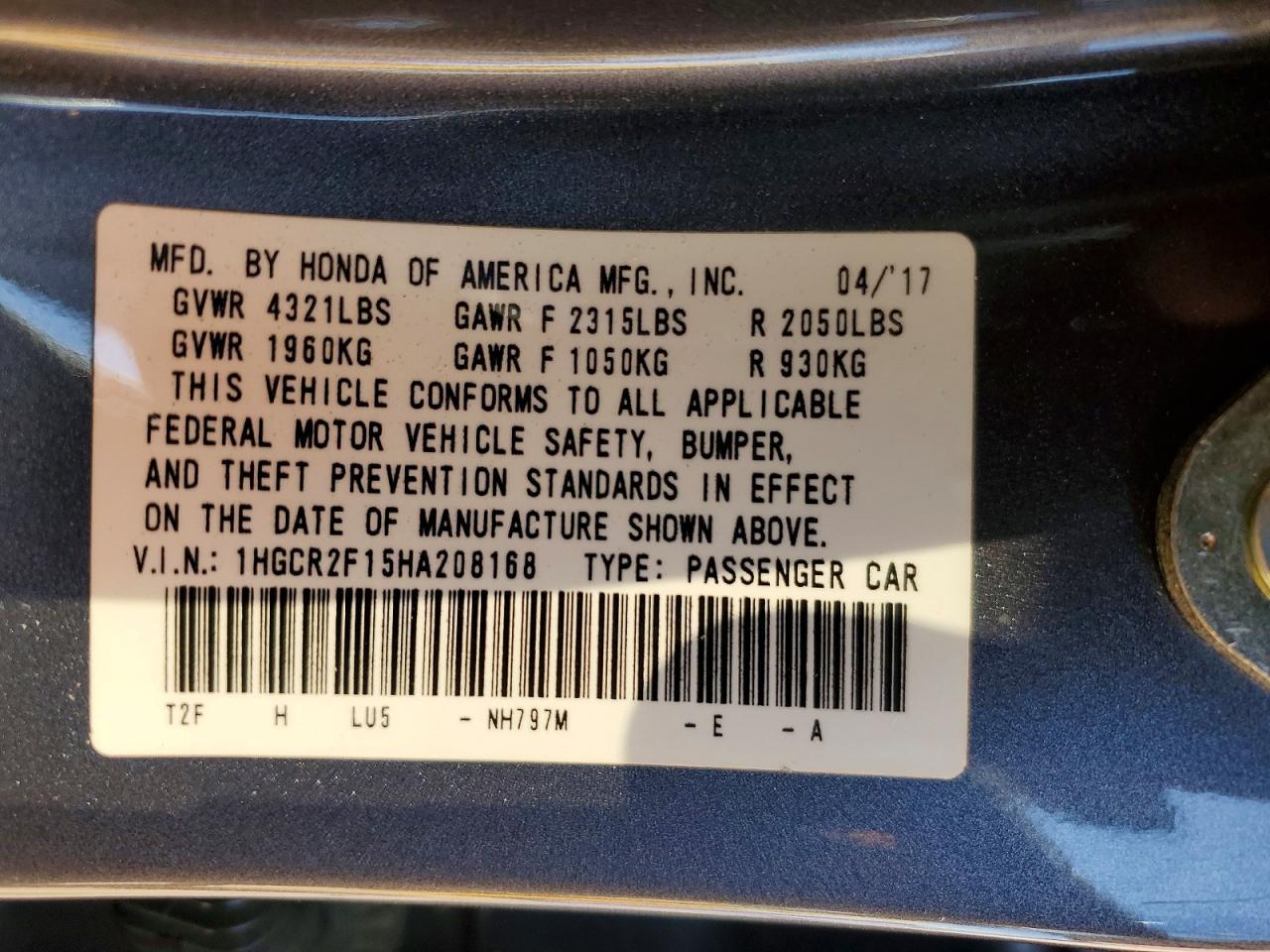 2017 HONDA ACCORD