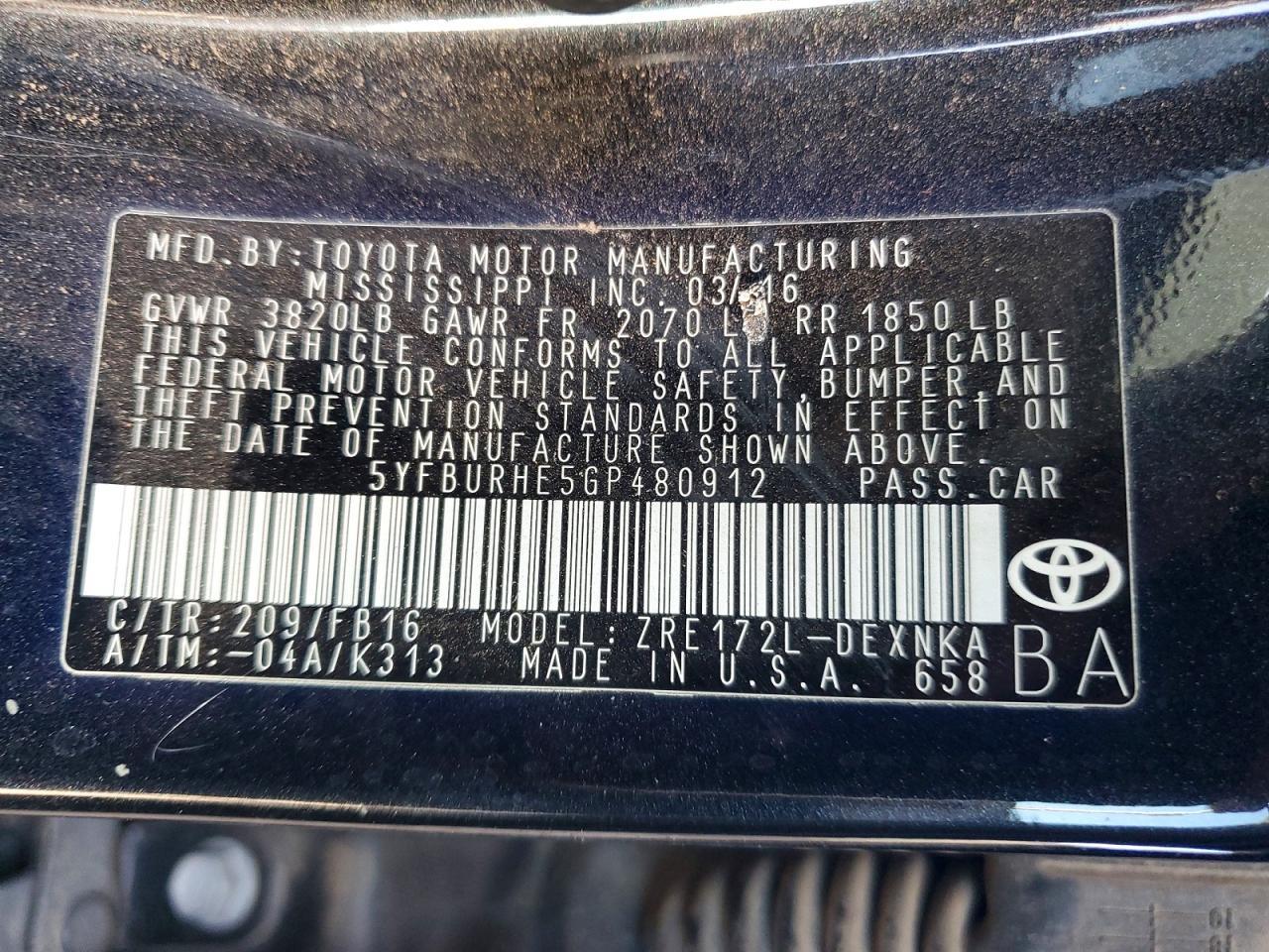 2016 TOYOTA COROLLA