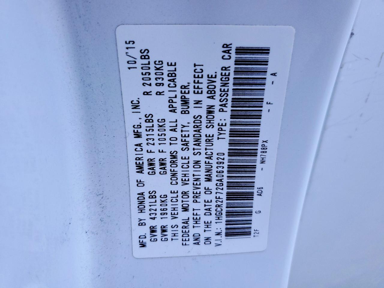 2016 HONDA ACCORD
