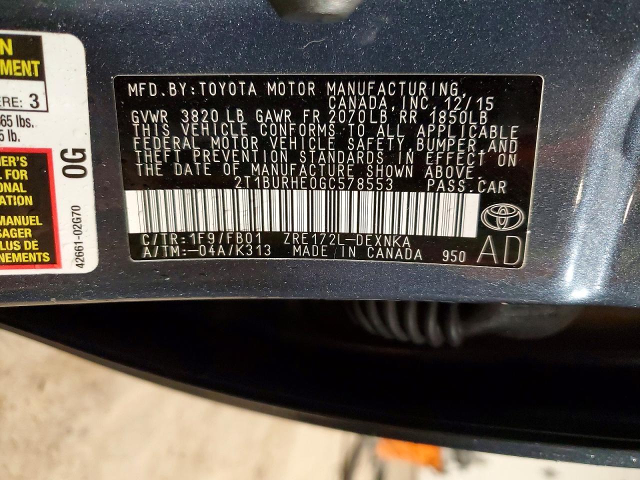 2016 TOYOTA COROLLA