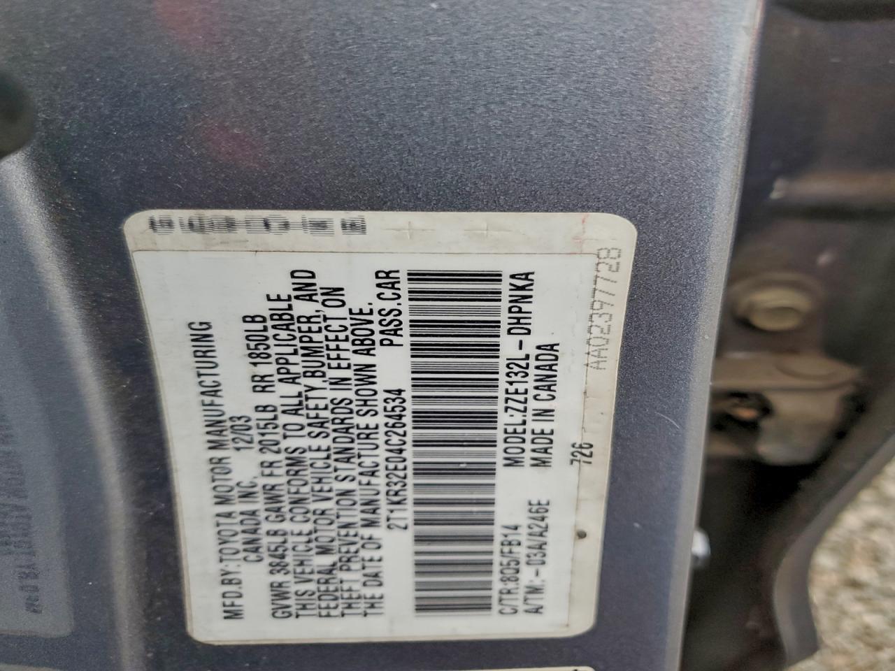 2004 TOYOTA COROLLA