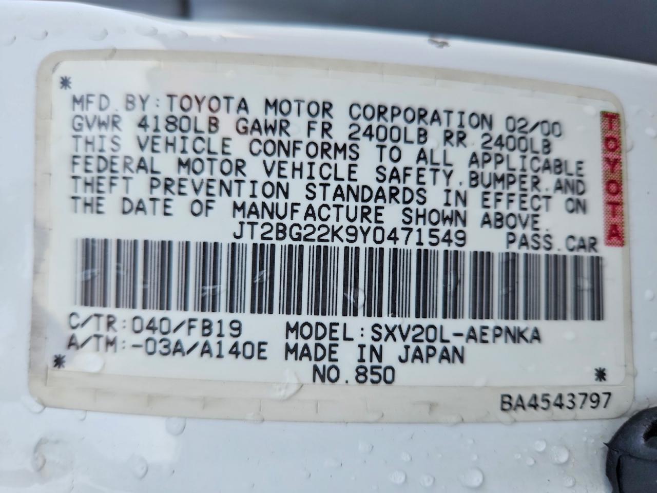 2000 TOYOTA CAMRY