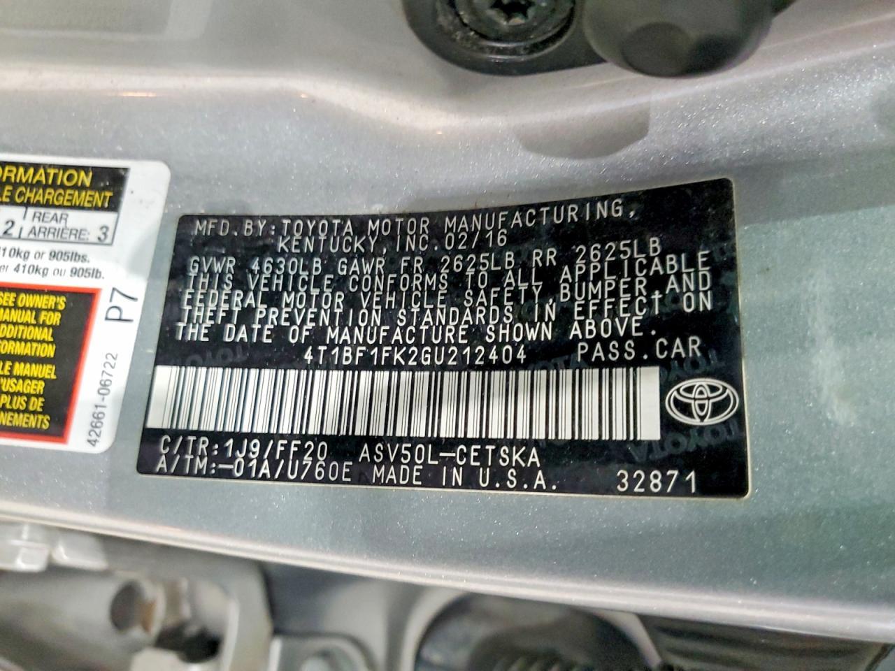 2016 TOYOTA CAMRY