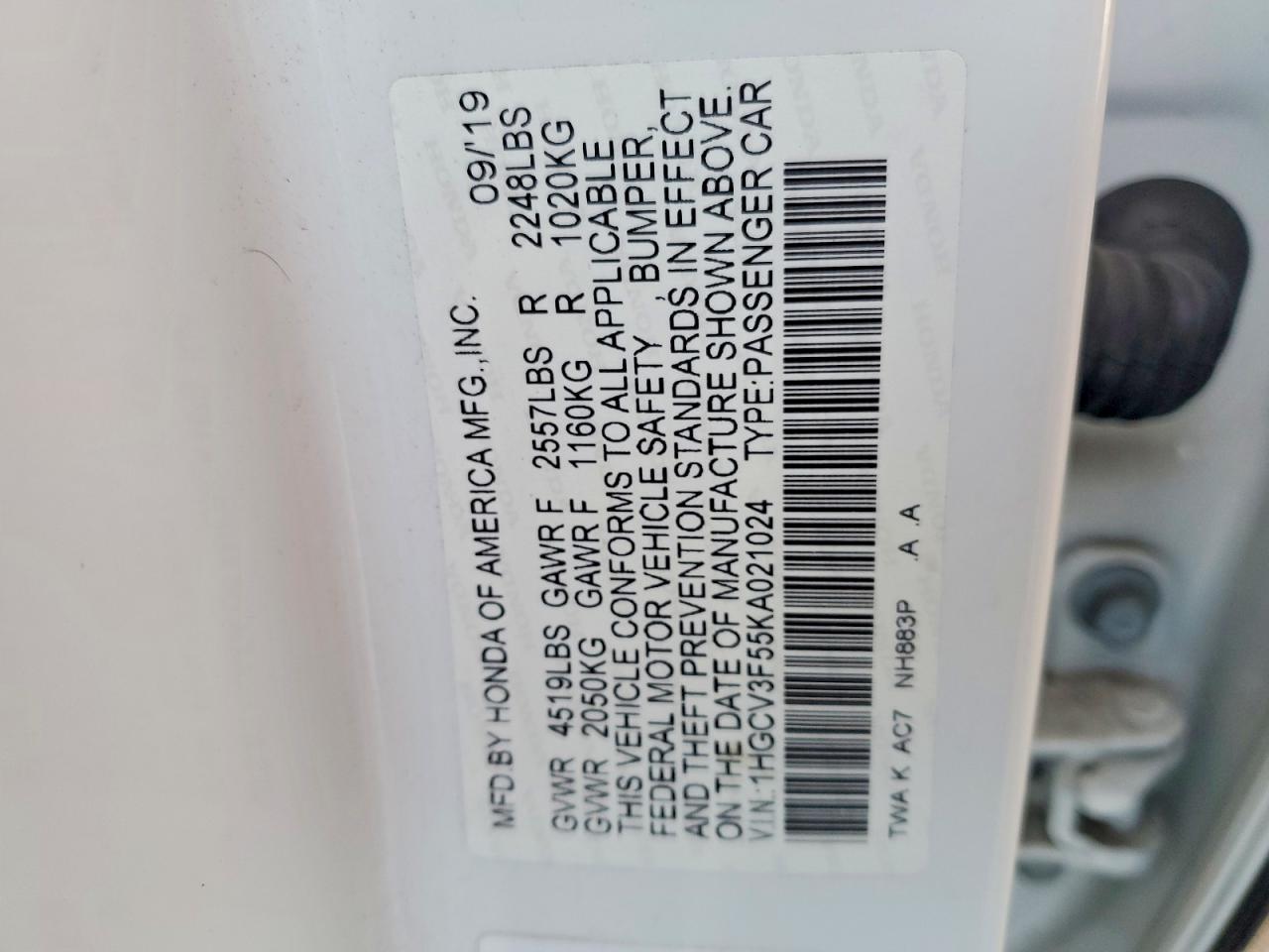 2019 HONDA ACCORD