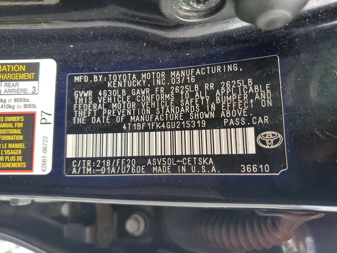 2016 TOYOTA CAMRY