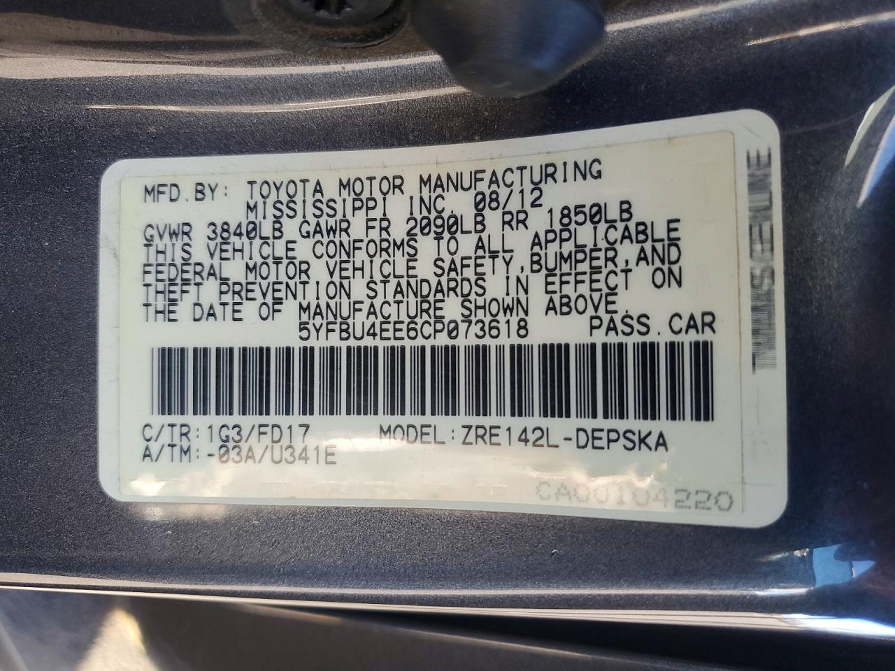 2012 TOYOTA COROLLA