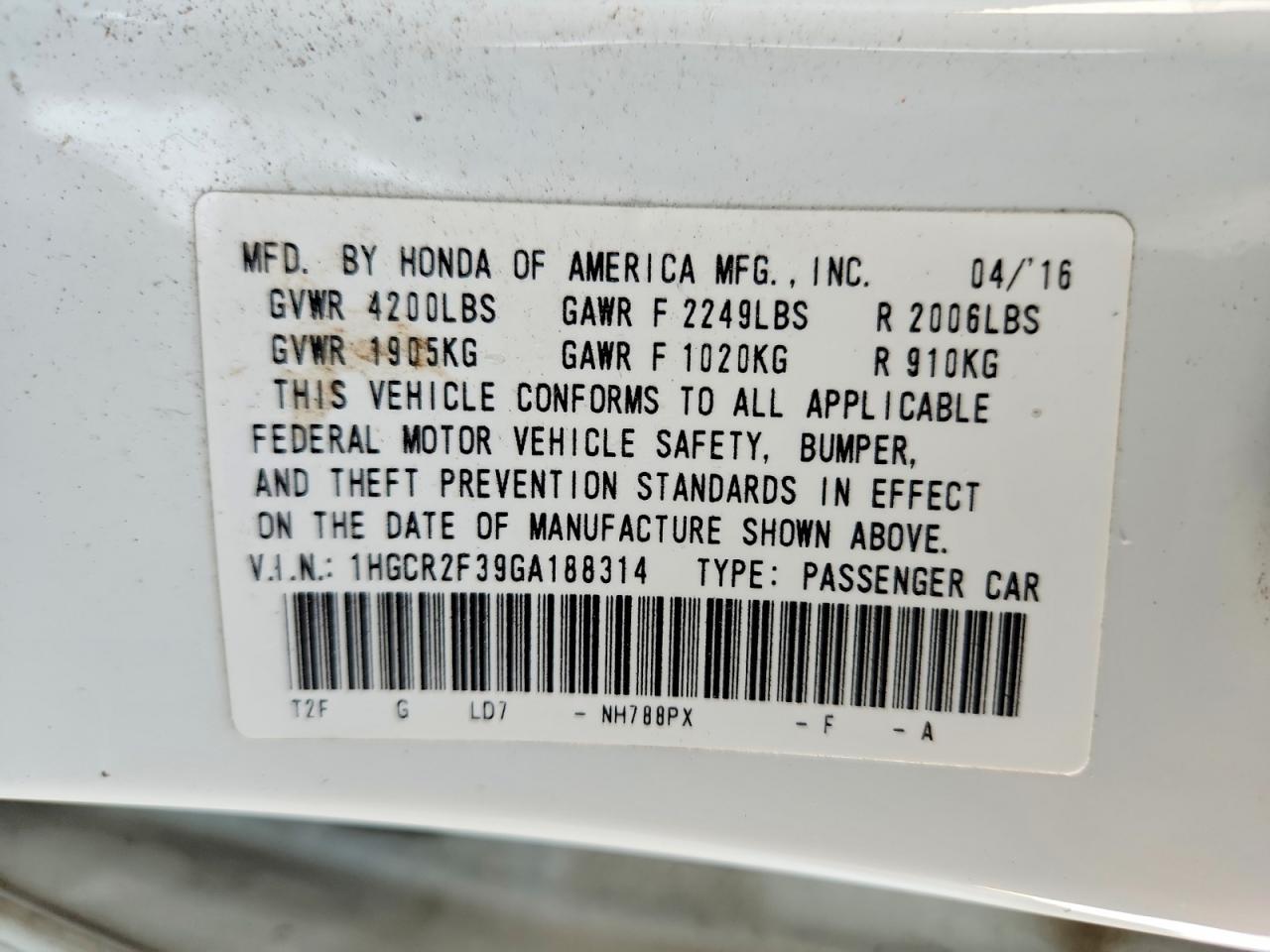 2016 HONDA ACCORD