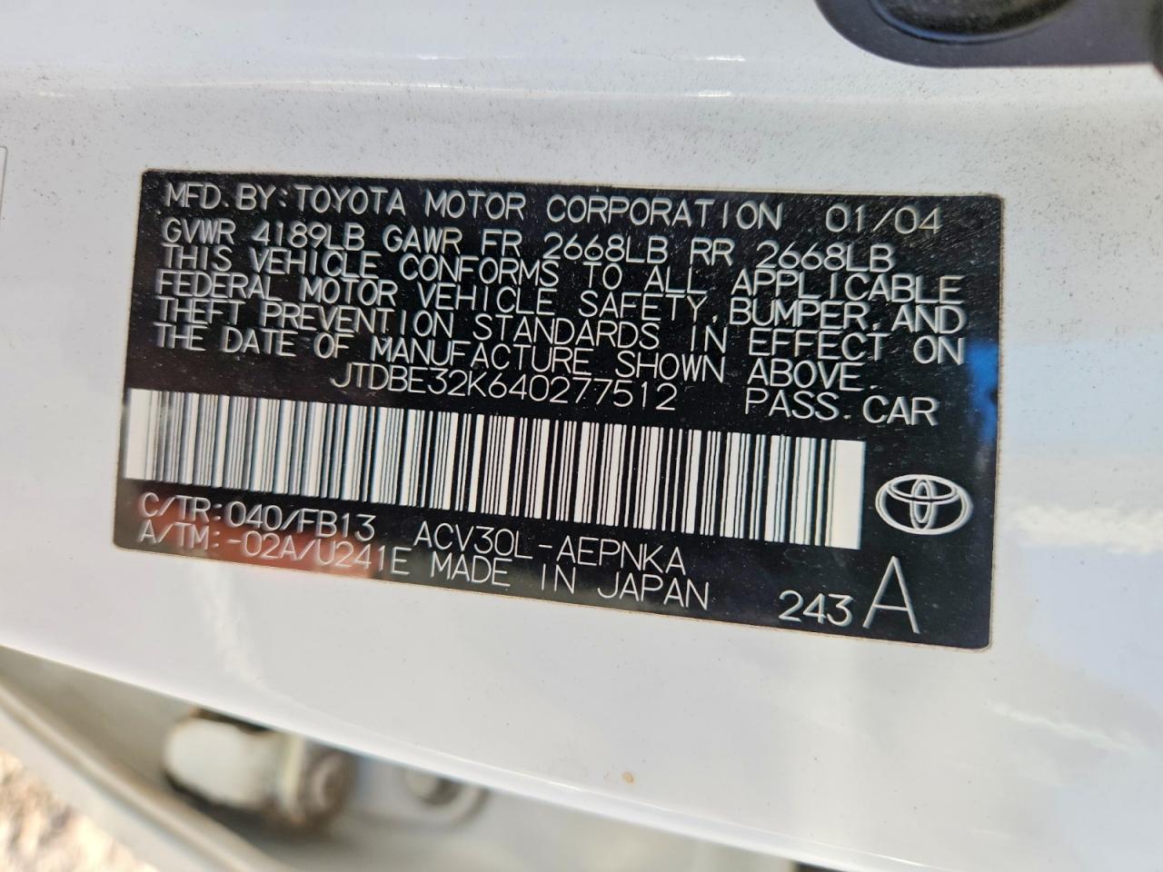 2004 TOYOTA CAMRY