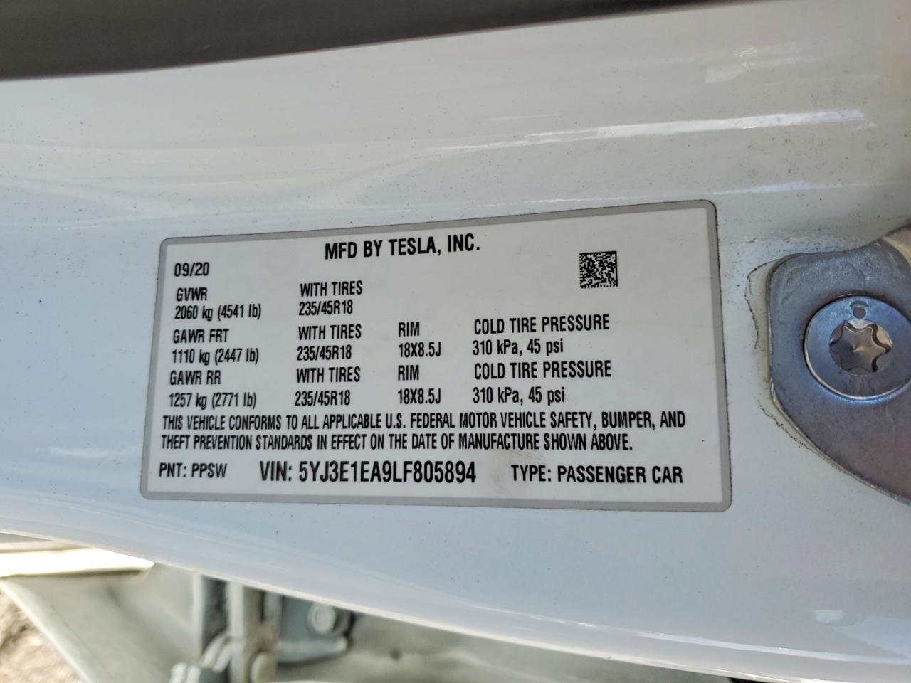 2020 TESLA MODEL 3