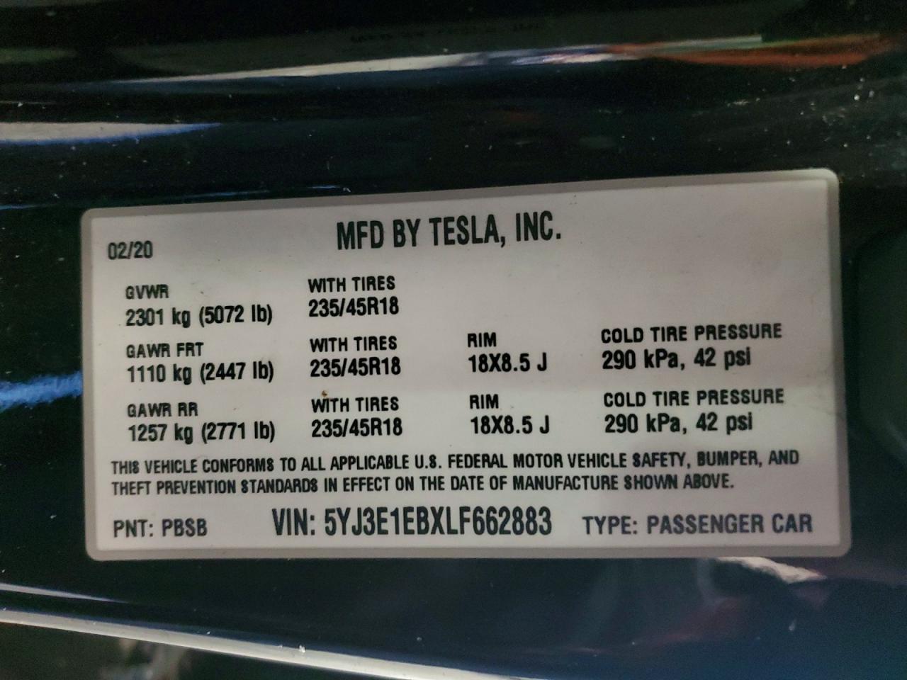 2020 TESLA MODEL 3