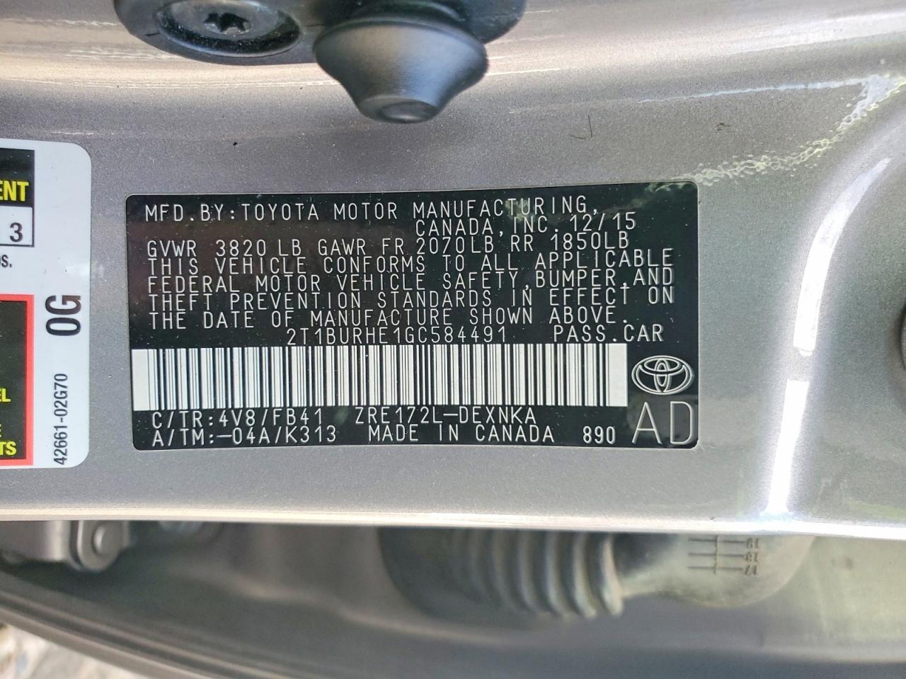2016 TOYOTA COROLLA