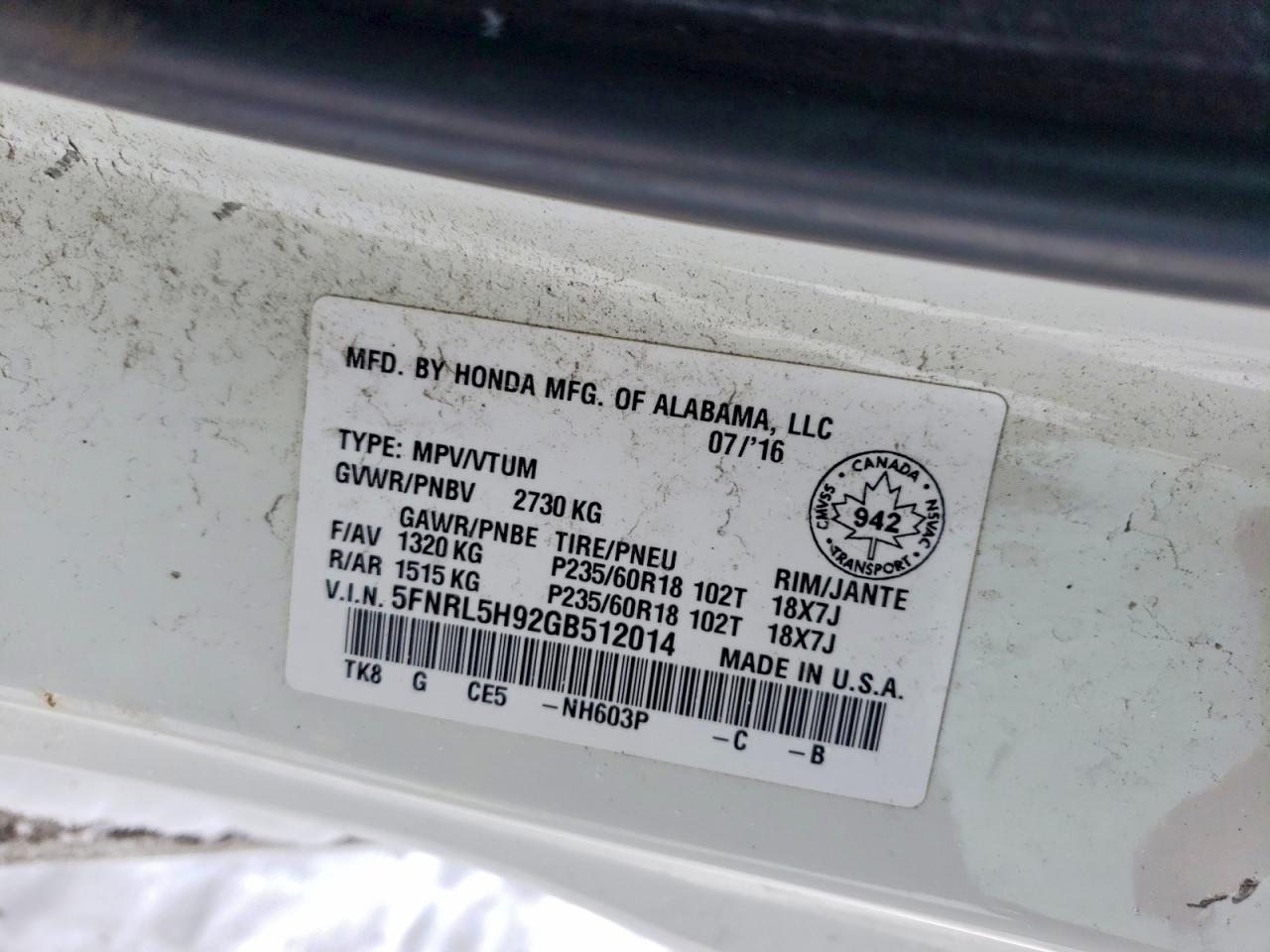 2016 HONDA ODYSSEY