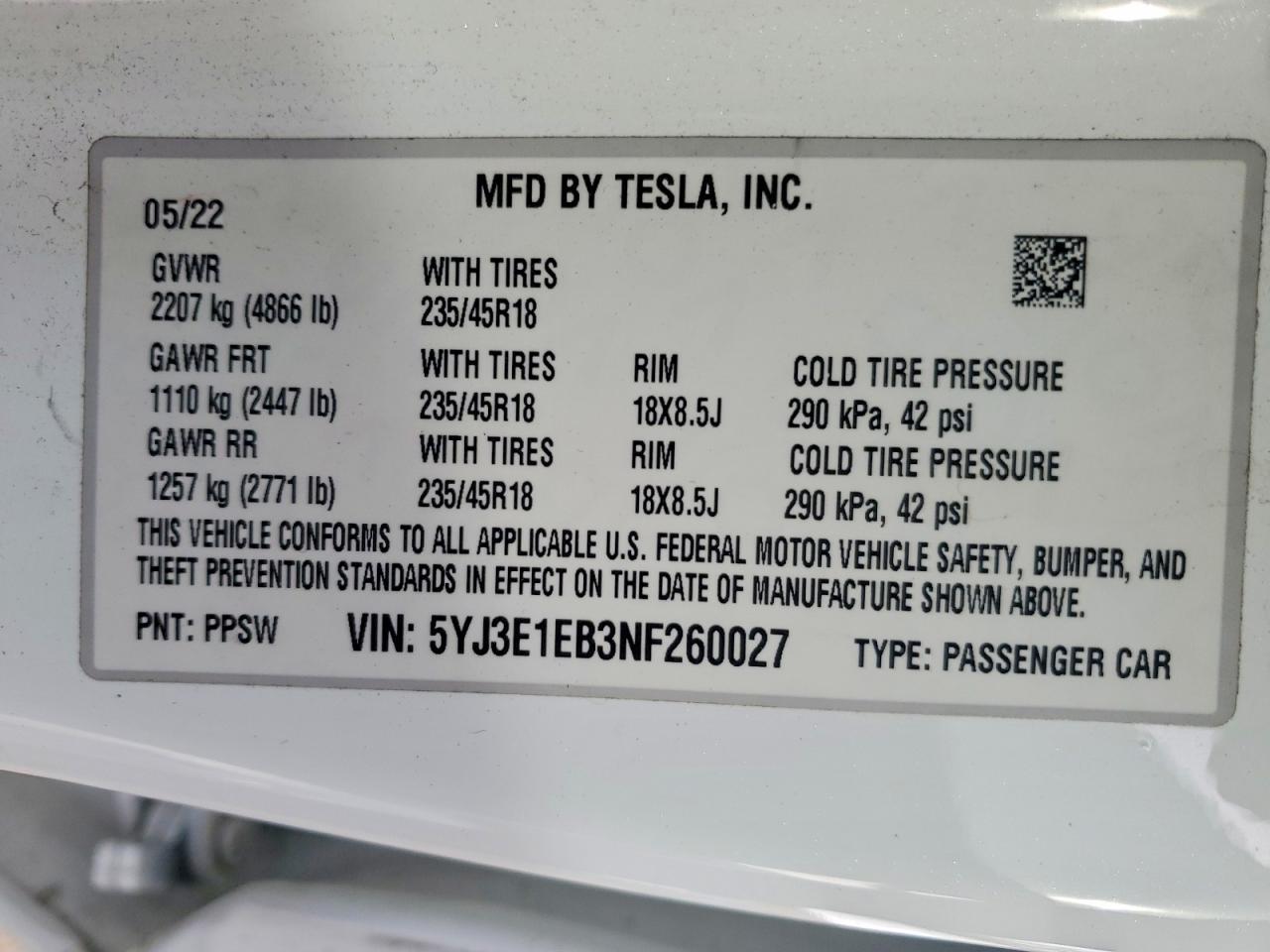2022 TESLA MODEL 3