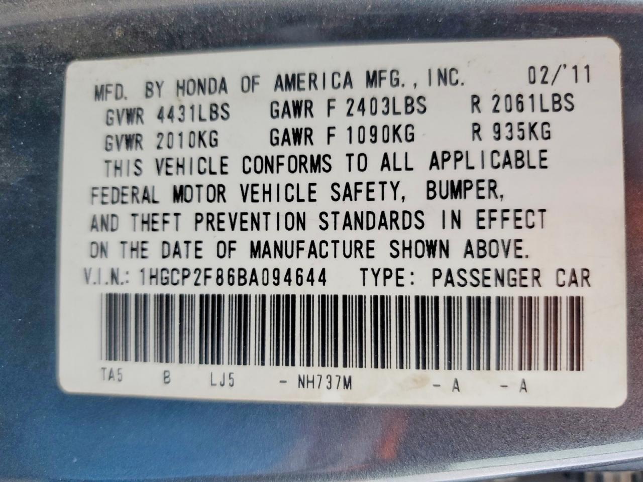 2011 HONDA ACCORD