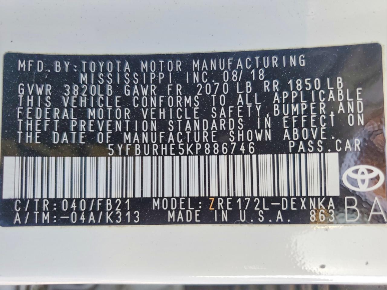 2019 TOYOTA COROLLA