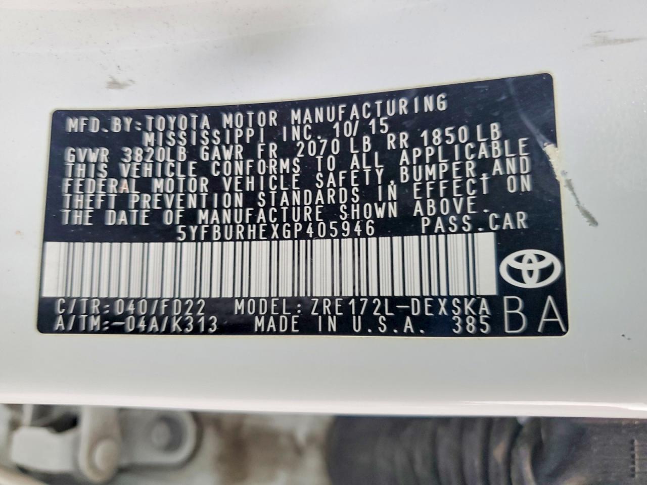 2016 TOYOTA COROLLA