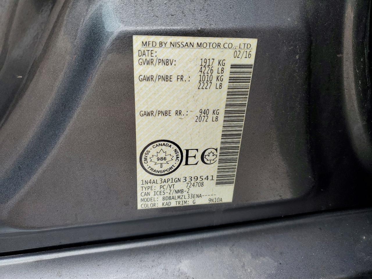 2016 NISSAN ALTIMA