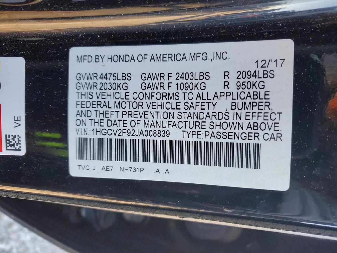 2018 HONDA ACCORD