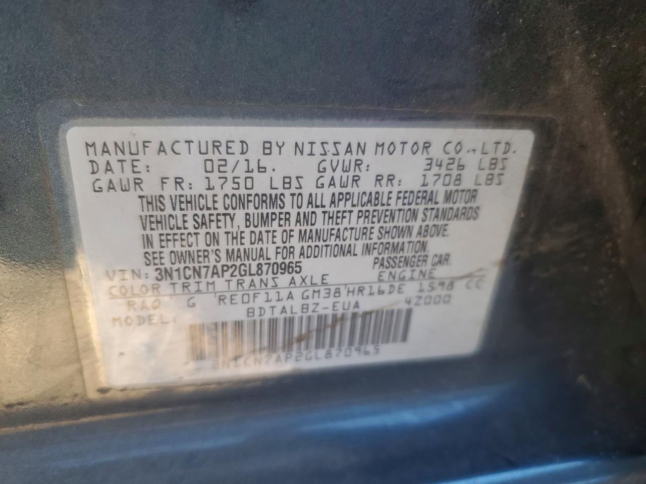 2016 NISSAN VERSA