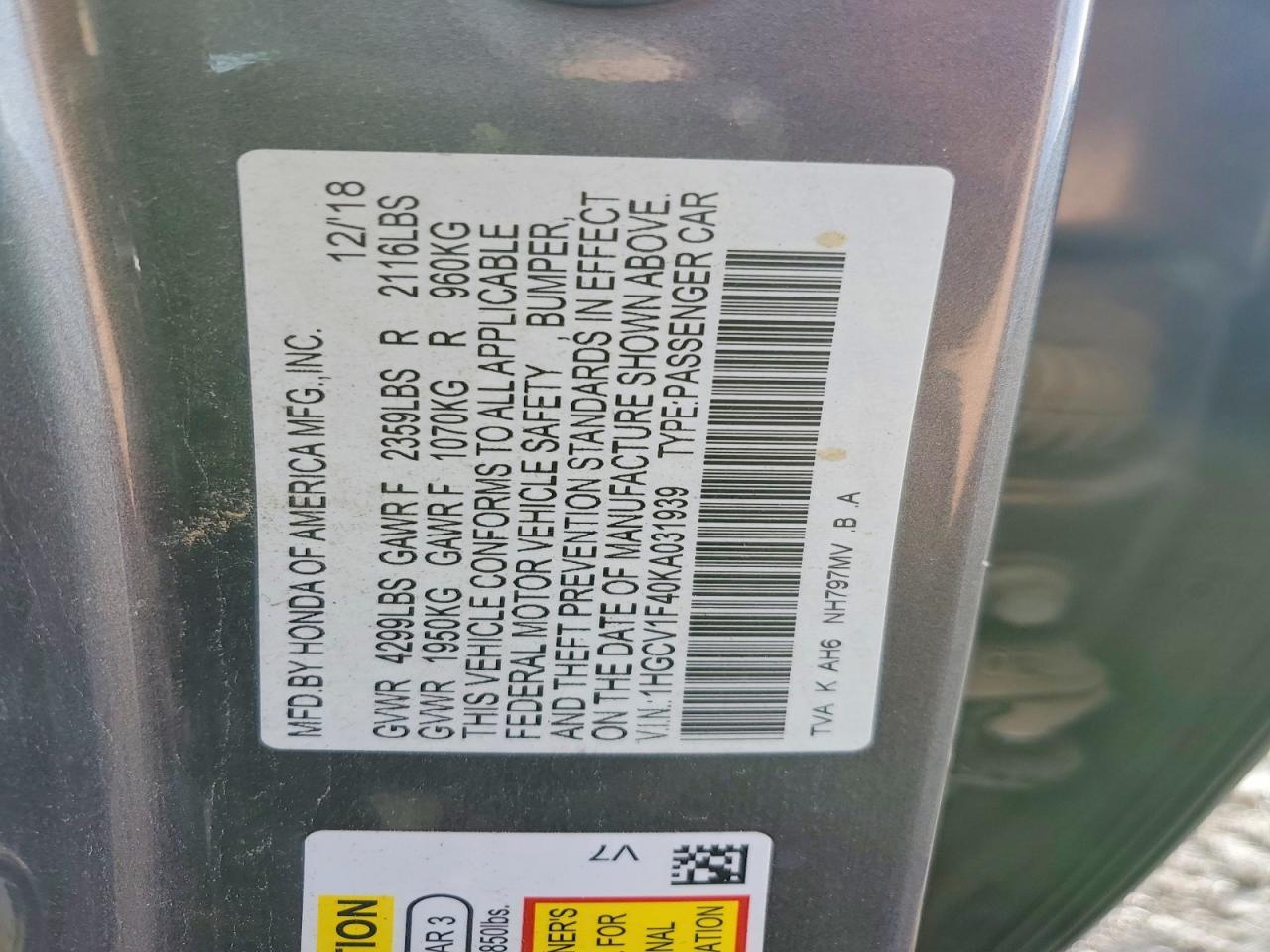 2019 HONDA ACCORD