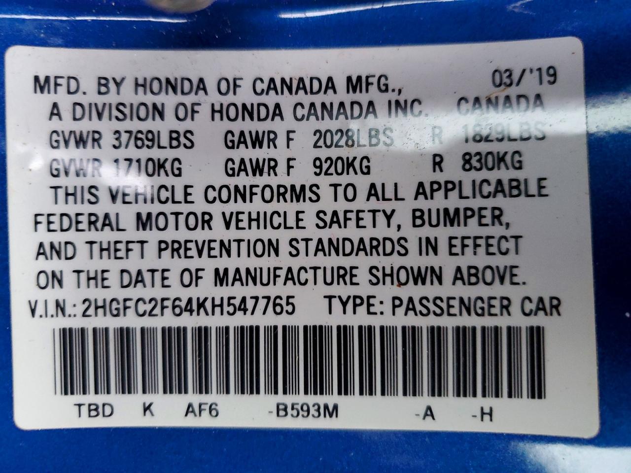2019 HONDA CIVIC
