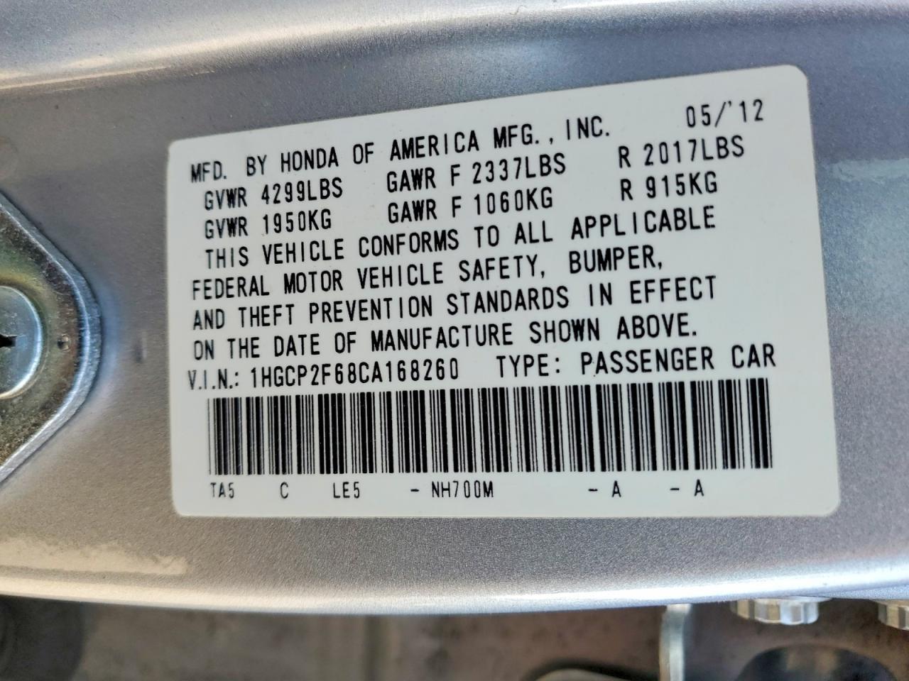 2012 HONDA ACCORD