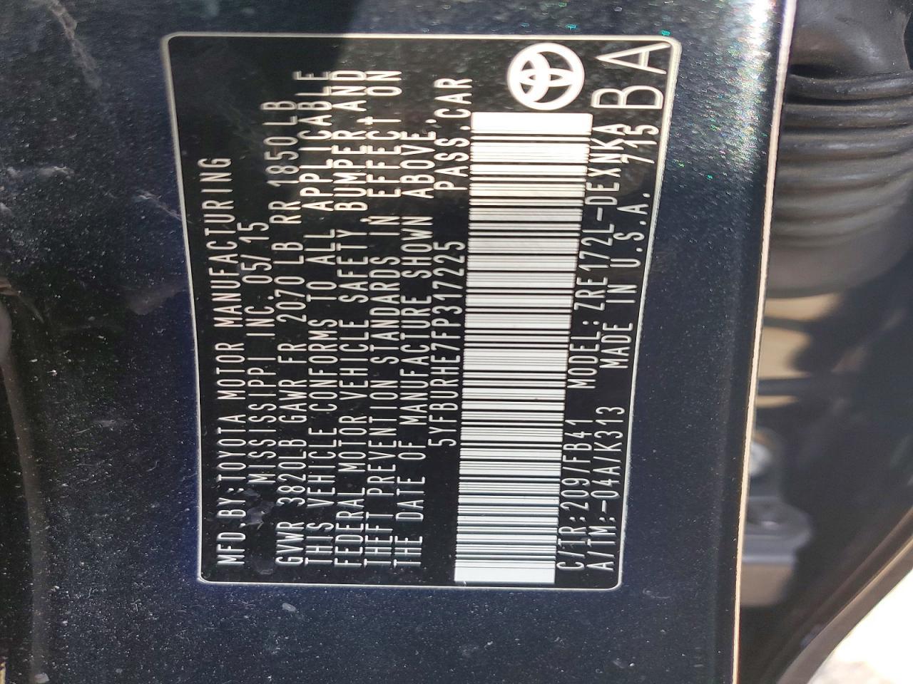 2015 TOYOTA COROLLA