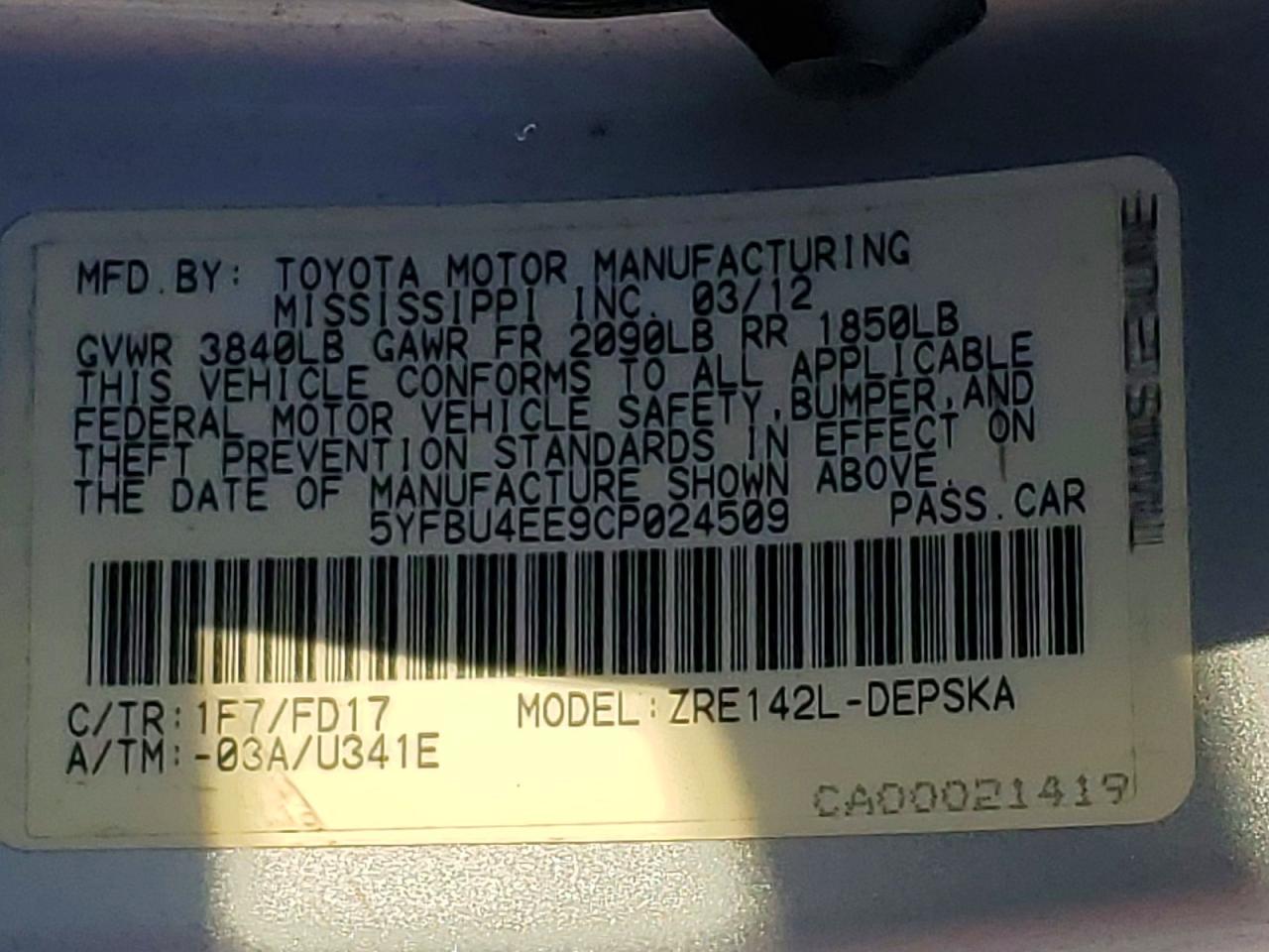 2012 TOYOTA COROLLA