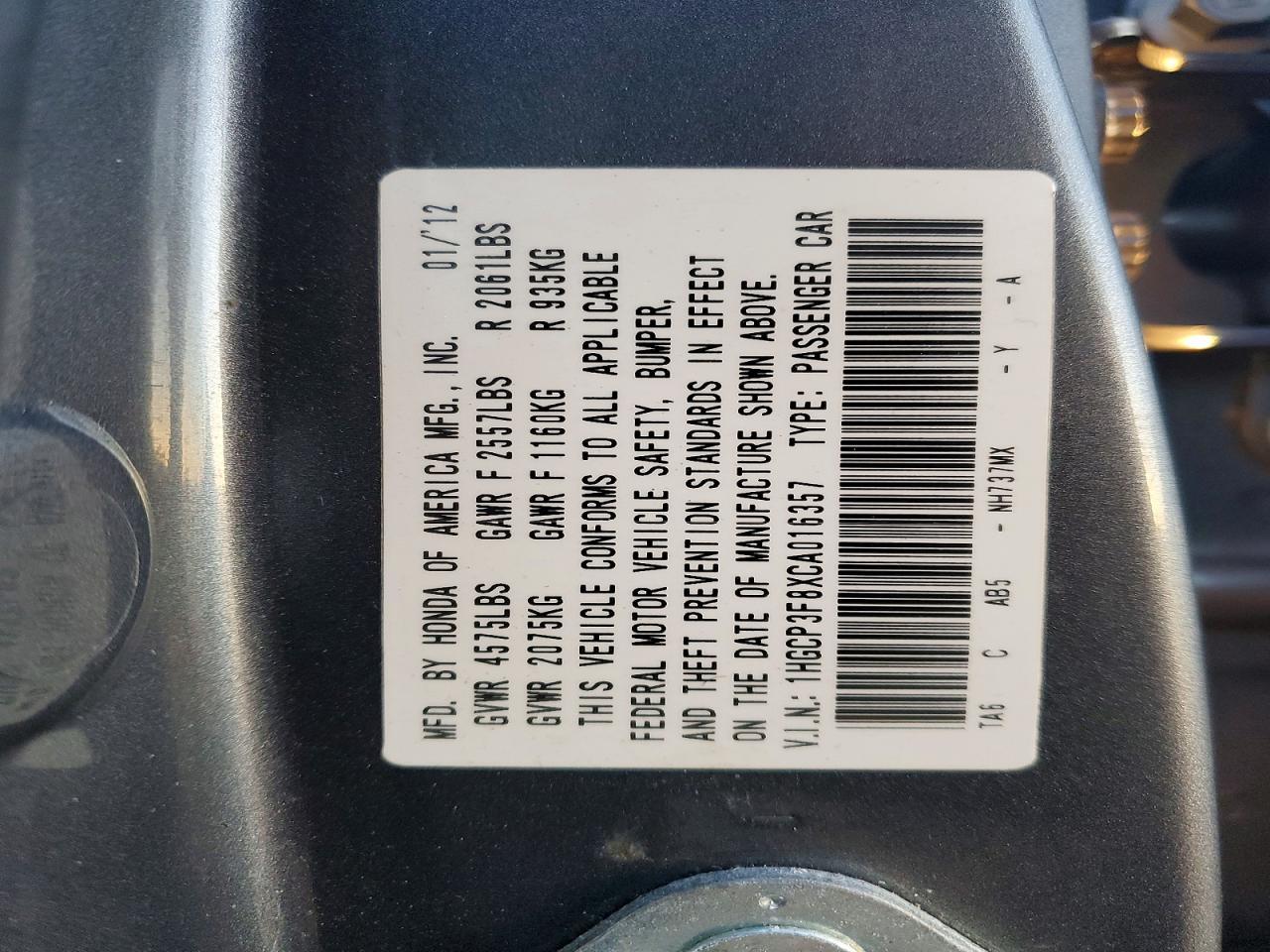 2012 HONDA ACCORD