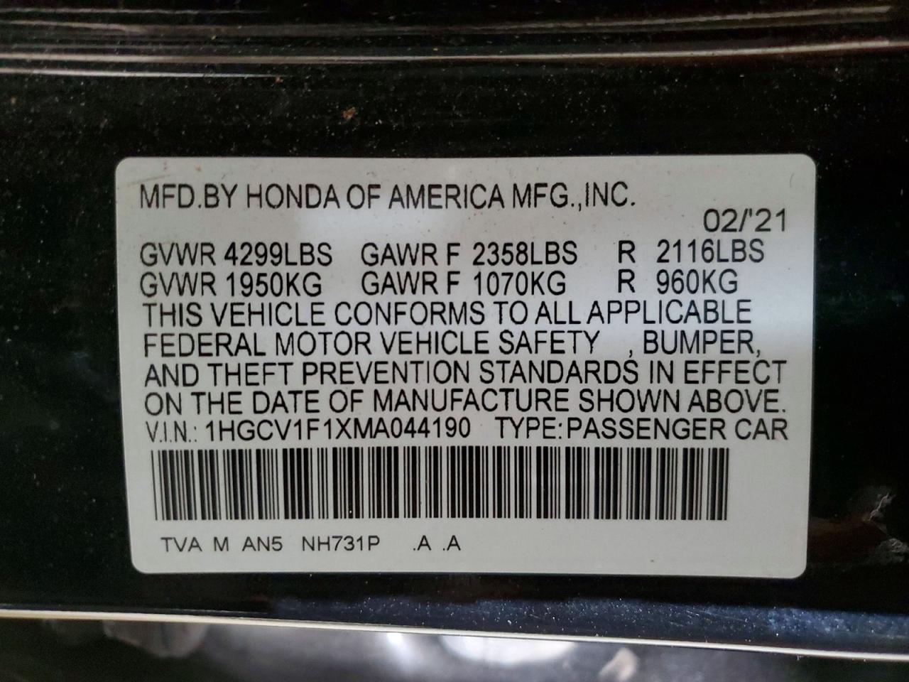2021 HONDA ACCORD