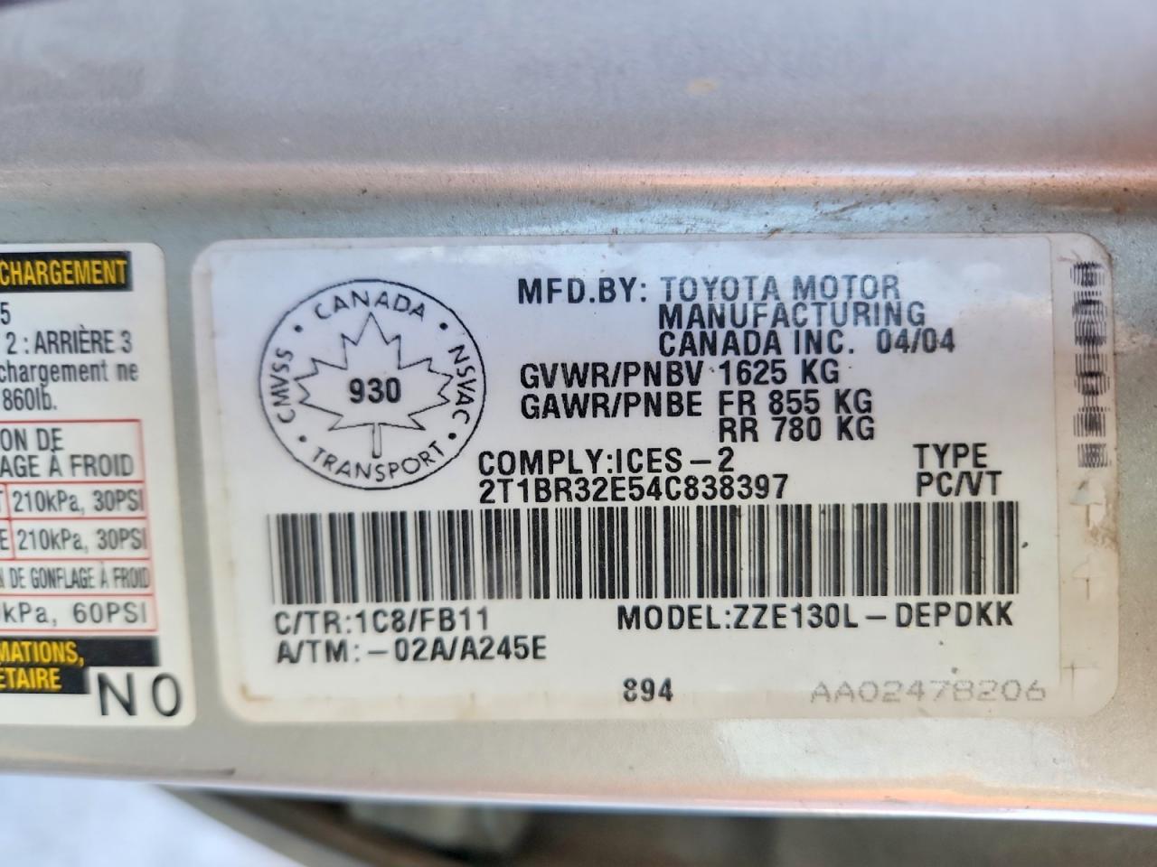 2004 TOYOTA COROLLA