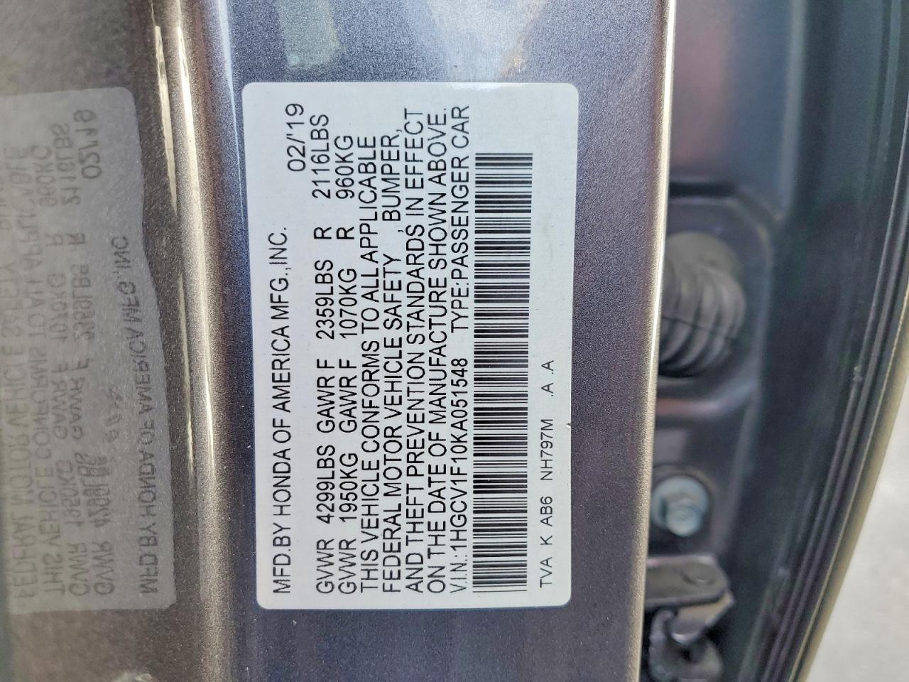 2019 HONDA ACCORD